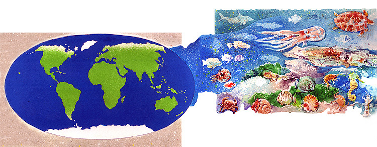 En esta imagen se ve un mapa del mundo. El mar cubre tres cuartas partes del mundo. Tambin se ven las distintas clases de animales que en l viven. Peces, moluscos, algunos reptiles, flora, etc.