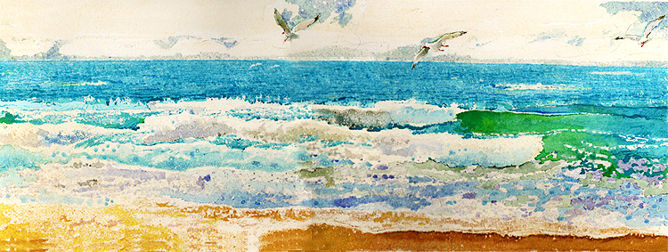 Aqu vemos la orilla de una playa. Las gaviotas sobrevuelan las olas. El oleaje se forma por el viento que choca con la superficie del agua.