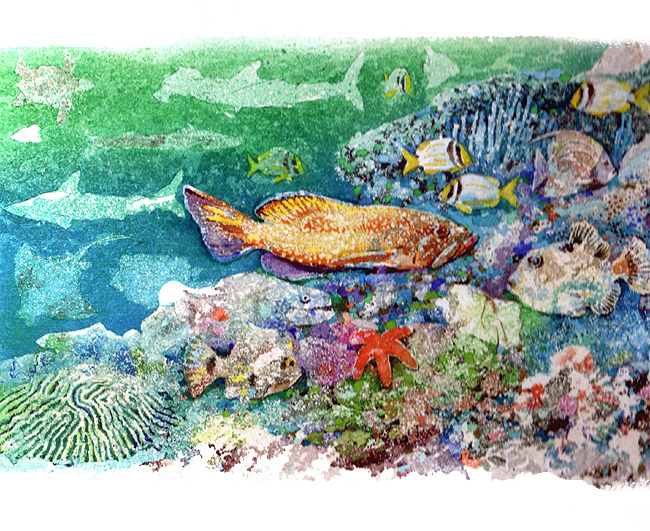 En esta imagen se ven distintos tipos de peces, estrellas de mar. Estos son algunos animales que viven dentro del mar.