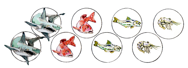 En esta imagen se ven dos tiburones, dos huachinangos, dos sardinas y dos camarones. Son las fichas para el juego anterior.
