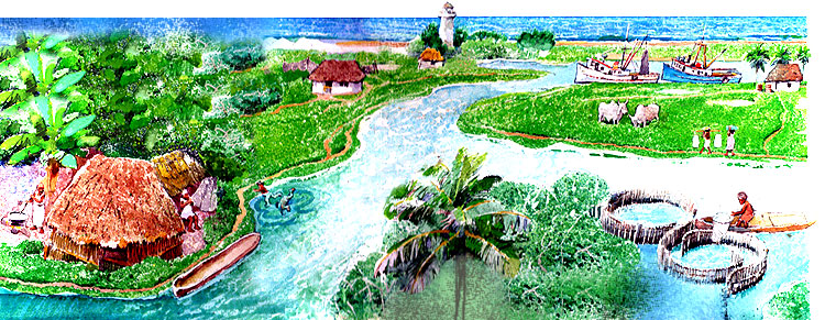 En esta imagen se ve a lo lejos el mar, lagunas, rboles, palmeras, casas de palma, pescadores en sus lanchas.