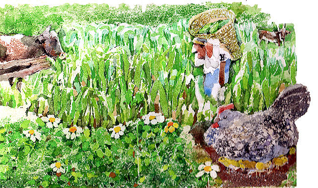 En esta imagen se ve el campo, un campesino recogiendo su cosecha, se ven algunas vacas y gallinas. 