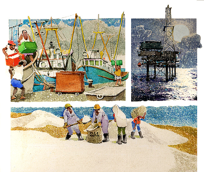En este dibujo se ve a unos hombres  descargando productos en un puerto. Una salina y una plataforma petrolera. Estas son algunas de las actividades en las que se aprovecha el mar y sus recursos.
