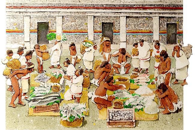 En esta imagen se ve un mercado de productos del mar de los antiguos mexicanos.