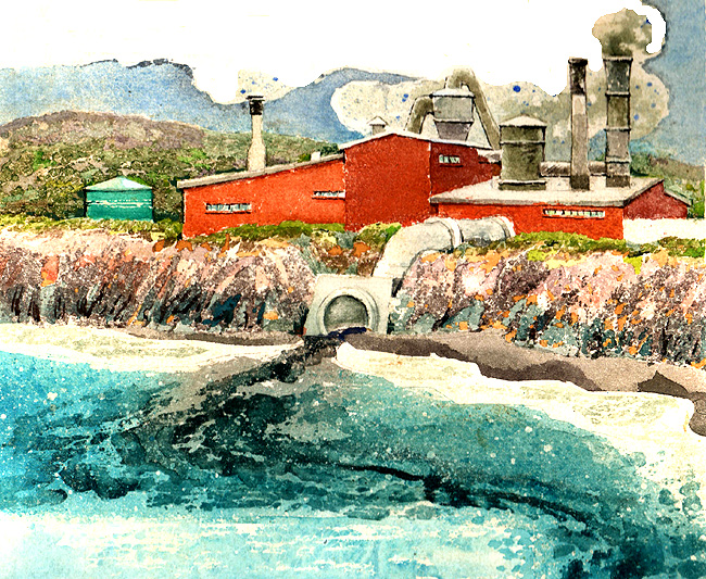 En esta imagen se ve cmo las industrias contribuyen daando al mar, tirando en l  sus desechos.