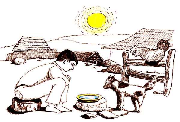 En esta imagen vemos a un niño del campo a su lado hay un perro en medio de ellos hay un plato con agua. Está haciendo un experimento.