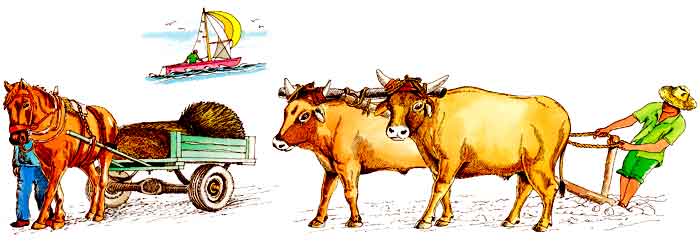 En esta imagen se ve una pequeña embarcación en el mar. Un hombre del campo jalando una yunta. Hay también un hombre a un lado de una carreta y un caballo. Esto es para ejemplificar el uso de la energía y que por medio de ella se pueden hacer distintos tipos de trabajos.