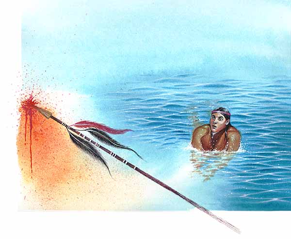 En esta imagen  un hombre sale del mar, está mirando pasar una flecha.