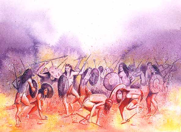 Esta es una imagen de la tribu arrojando piedras y llevan también flechas en las manos. Ha comenzado una batalla.