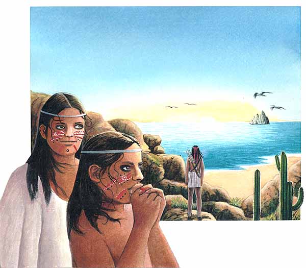 En esta imagen el muchacho va guiando a la tribu hacia el mar, para asentarse en otro lugar después de la guerra.