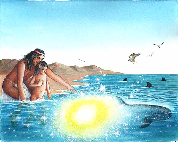 En esta imagen se ve al muchacho que se metio entre las olas del mar y se convirtió en un animal marino, muy parecido al delfín.