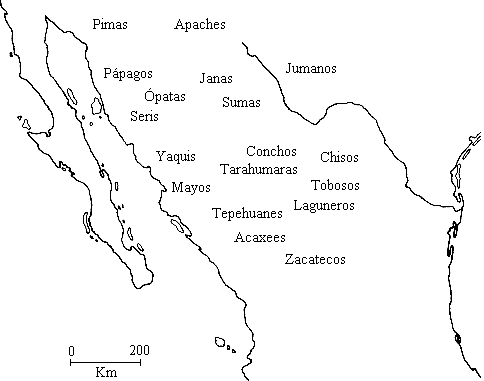 Mapa de una poblaci�n de 350 000 habitantes de grupos ind�genas que desde 1562 se denominaba Nueva Vizcaya. Entre los grupos estaban los tepehuanes que eran muy agresivos y dominaban a los acaxees. Siempre estaban en conflicto con los tarahumaras. Al norte los conchos, los sumas-jumanos, y otras poblaciones, que viv�an en peque�os asentamientos dedicados a la recolecci�n, la caza, pesca y la agricultura. Hacia el sur de Santa B�rbara era frontera entre los tepehuanes y otros grupos que se llamar�an Bols�n de Mapim�, los tobosos y los salineros. Grupos que viv�an de la caza y recolecci�n de nopal, maguey y mezquite.