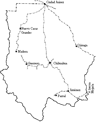 Mapa que muestra  las l�neas ferroviarias de 1910, creadas a partir de la consolidaci�n de Chihuahua como principal ciudad del estado y  del  florecimiento de Ciudad Ju�rez.