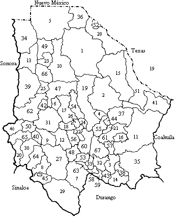 Mapa que muestra la Divisi�n Pol�tica de Chihuahua en 1990.