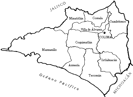 Mapa que la divisi�n pol�tica de Colima en 1987, cuando el candidato oficial a la presidencia de la Rep�blica, era Miguel de la Madrid Hurtado nacido en �ste estado.