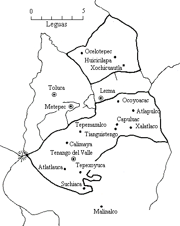Mapa que muestra a Toluca y algunas jurisdicciones del valle en la �poca colonial, cuando Don Luis de Velasco lleg� a la Nueva Espa�a en 1550 con instrucciones precisas sobre las congregaciones. Durante su mandato, se seleccionaron los nuevos sitios para los monasterios y se proyectaron cabeceras y pueblos de visita en el valle de Toluca. As� se formaron las congregaciones de Capulhuac (1557), Atlapulco (1560), Zinacantepec (1560) y Metepec (1561).