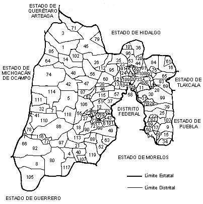 Mapa de 1990 de la divisi�n municipal del  Estado de M�xico. Hab�a, de acuerdo al censo de 1980, un n�mero de habitantes de 7 542 300, siendo la entidad m�s poblada del pa�s, despu�s del Distrito Federal.
