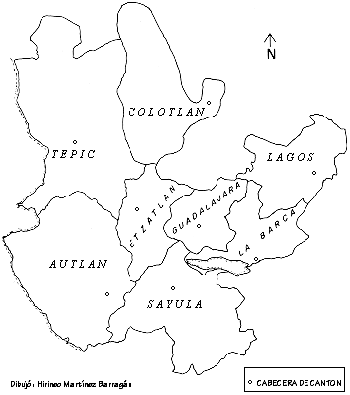Este mapa indica los 8 cantones de Xalisco en 1825. Cada uno ten�a su respectiva cabecera y jefe pol�tico, nombrado y removido por el ejecutivo estatal; y su funci�n ser�a en el �mbito pol�tico, militar y fiscal por periodo de cuatro a�os.