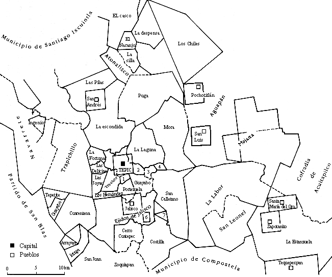 Mapa que muestra la propiedad en Tepic a v�speras del gran reparto agrario del a�o 1923, elaborado por Jean Meyer y Rodolfo �vila. Se�ala 5 pueblos importantes y la capital de Tepic.