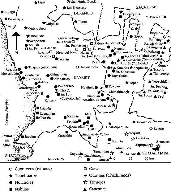 Mapa elaborado por Don José Flores en 1983, que marca la diferencia de lenguas indígenas de los pueblos en Nayarit. Hay una división de tribus belicosas que facilitaban la conquista española pues se enfrentaban ya, unos con otros.