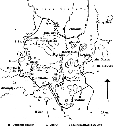 Mapa de Nayarit, tomado de Peter Gerbard. Se quería convencer pacíficamente a los serranos de abandonar sus costumbres guerreras y reconocieran al rey.