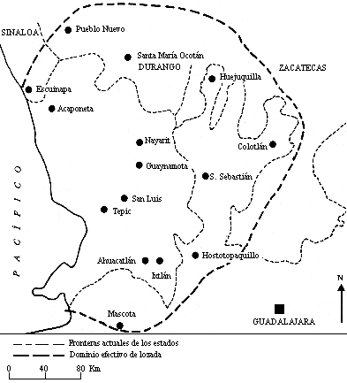 Mapa que muestra el dominio de Lozada, elaborado por Jean Meyer. Ram�n Corona, el principal adversario militar de Lozada, se cubri� de gloria en la campa�a de Occidente y luego en el sitio de Quer�taro.