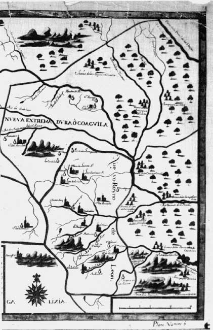 Mapa de la Jornada realizada por el general Alfonso de Le�n a la Bah�a del esp�ritu Santo en Texas, en  1689. Alonso de Le�n, fue nombrado gobernador ese mismo a�o. Al principio sali� de M�xico el 30 de enero y lleg� a Saltillo el 26 de febrero, donde arregl� algunos asuntos y entr� a Monterrey el primero de marzo.