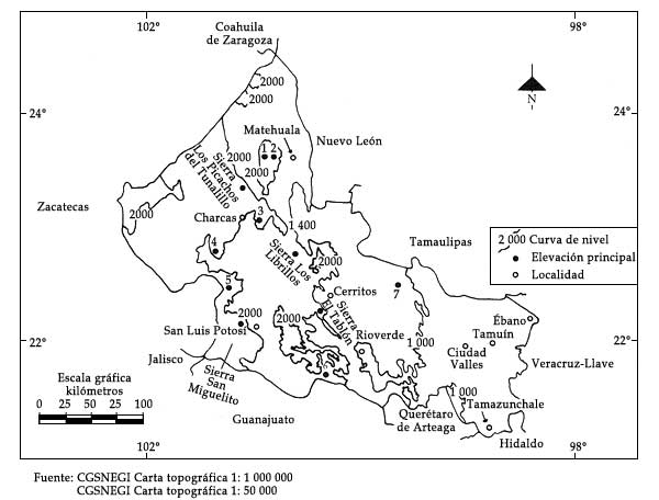 Mapa que muestra la divisi�n pol�tica de San Luis Potos� en 1996, sus sierras y llanuras.