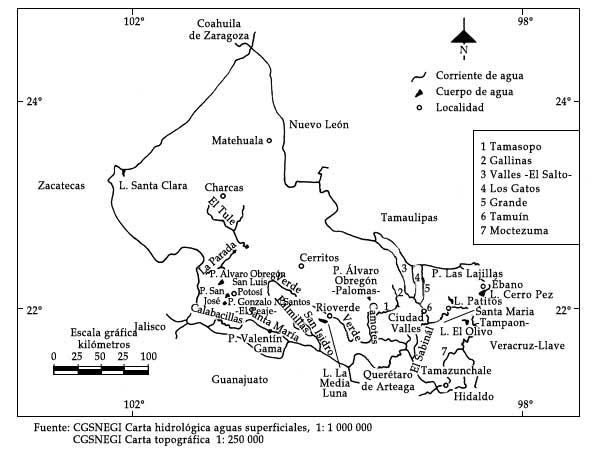 Mapa de las cabeceras municipales de San Luis Potos� en 1996, que muestra  corrientes y cuerpos de agua, y d�nde se ubican las localidades.
