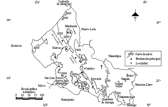 El mapa muestra todas las elevaciones de San Luis Potos�.