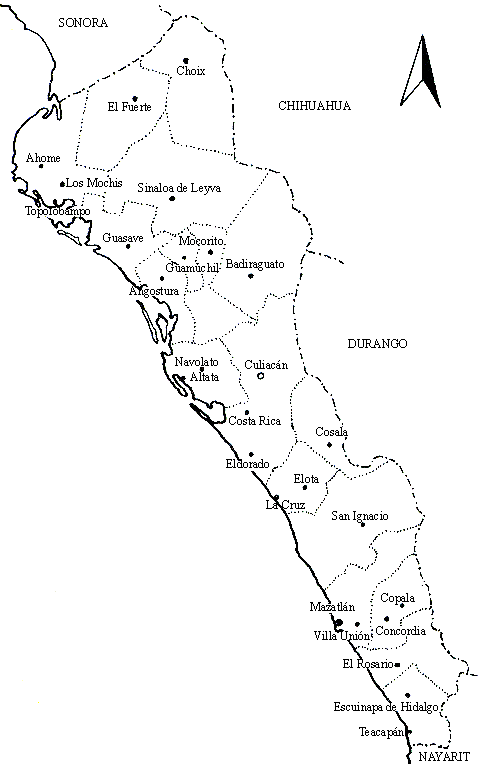 Mapa que muestra las principales 26 ciudades de Sinaloa. Unas existen desde la �poca prehisp�nica y otras fundadas por los espa�oles o en �pocas recientes. Culiac�n Rosales es la capital del estado.