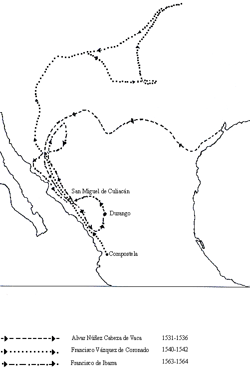 Mapa que indica la ruta de tres exploradores, en su marcha por  territorios cahitas con el fin de encontrar las ciudades de oro, que Alvar N��ez dijo haber visto a su paso por las llanuras del norte.