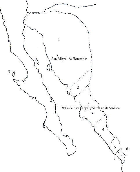 Mapa de la gobernaci�n de Sinaloa y las provincias agregadas, cuando inici�; una confrontaci�n con intereses de los misioneros por querer introducir algunas reformas en la administraci�n interna de los pueblos de los indios.