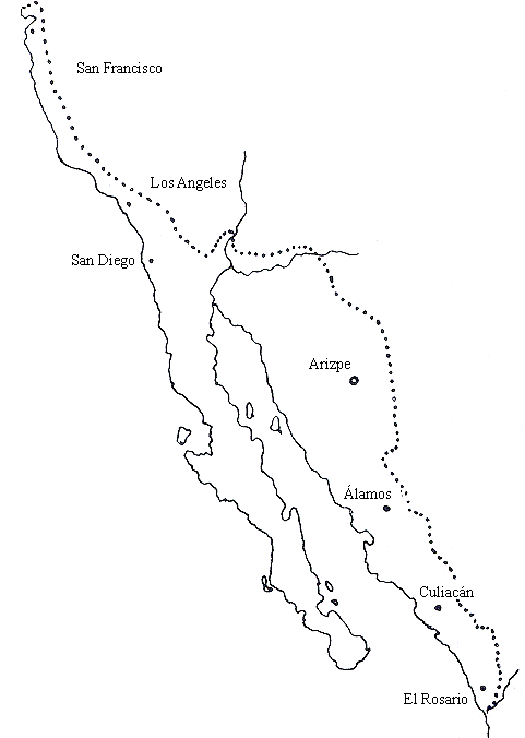 Mapa del territorio del obispado  de Sonora en 1790. La sede del obispado ser�a la ciudad de Arizpe, y como primer obispo fue designado el religioso franciscano fray Antonio de los Reyes.