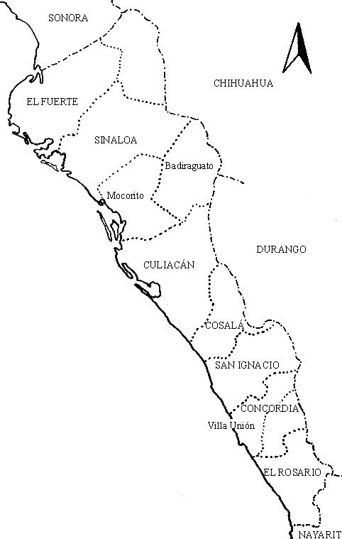 Mapa de los siete partidos y 11 distritos de Sinaloa en 1831. Cuando el art�culo 10 de la Constituci�n sinaloense prohib�a la adquisici�n de propiedades a las Manos Muertas, esto es cuando aquellos poseedores perpetuaban la propiedad por no poder enajenarla, como  las corporaciones religiosas y civiles.