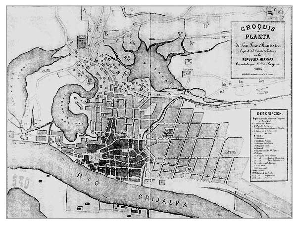 Mapa de San Juan Bautista en 1884, capital de Tabasco, que fue cercada por el R�o Grijalba. El estado adquiri� su autonom�a eclesi�stica, y adem�s le conced�an para el ejercicio del ministerio �reas que hasta entonces hab�an pertenecido a la di�cesis de Chiapas