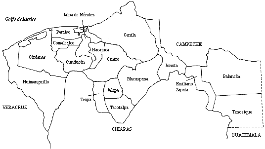 Mapa de la división municipal de Tabasco en 1990. Los grupos religiosos estaban fuertemente insertos en la sociedad y surg�a un progreso al cientificismo, al liberalismo y al racionalismo que los impulsores dejaron ver.