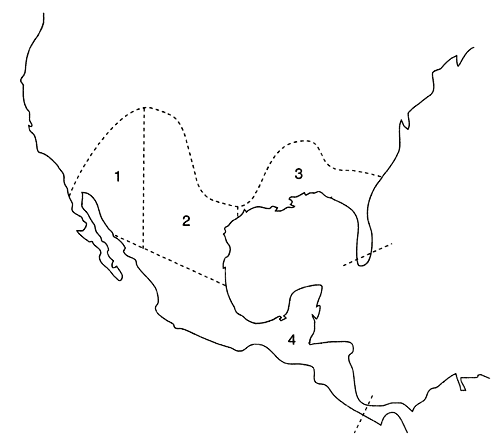 Mapa que marca las regiones de Mesoam�rica.  El estado queda fuera de la frontera septentrional del territorio al que se llama Mesoam�rica y como tentativa, se propone la Gran Mesopotamia dividida en �stas cuatro regiones.