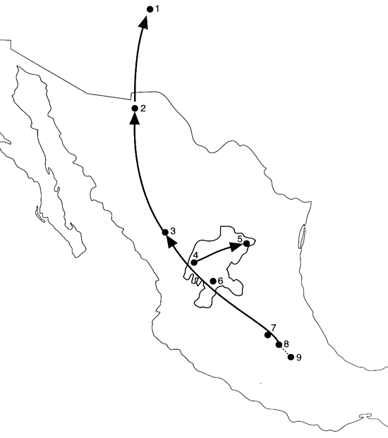 Mapa que indica el Centro astron�mico de Altavista,  y muestra dos rutas  en las que Teotihuacan importaba turquesa de Nuevo M�xico a Mazapil, que son: por la costa del Pac�fico y por el noroccidente de M�xico; seg�n Phil C. Weigand.