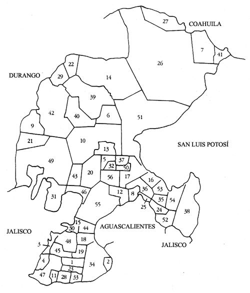 Mapa que muestra la divisi�n de 56 municipios de Zacatecas en 1990. A partir de que la miner�a zacatecana recibi� un impulso importante con la apertura, en 1982, de la Minera  Real de �ngeles, que se situ� como la principal compa��a productora de plata en el mundo.