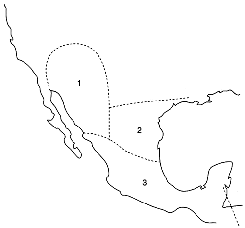 Mapa que marca las regiones surmesoamericanas y sus vecinos inmediatos del norte. Delimitaci�n tradicional de Mesoam�rica, cuya �rea geogr�fica ocupaba partes de M�xico, Guatemala, Belice y El Salvador, parte de Honduras, Nicaragua y Costa Rica.