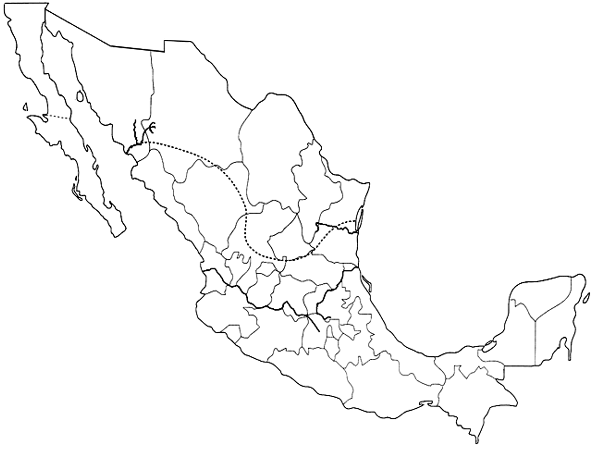Mapa de la Frontera norte de Surmesoam�rica, que comprende dicha expansi�n norte�a e incluye: parte de Jalisco, Durango, Nayarit, Zacatecas, Aguascalientes, Guanajuato, Quer�taro y Tamaulipas. Existen teor�as que indican que esta amplia zona tuvo relaci�n con Chup�cuaro, Teotihuacan, Tula y Tenochtitlan.