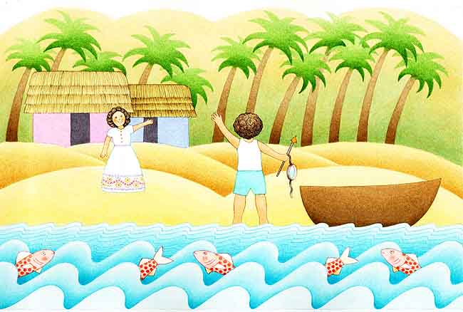 En esta imagen se ve la orilla de la playa un ni&ntilde;o pescador se est&aacute; despidiendo de su madre.