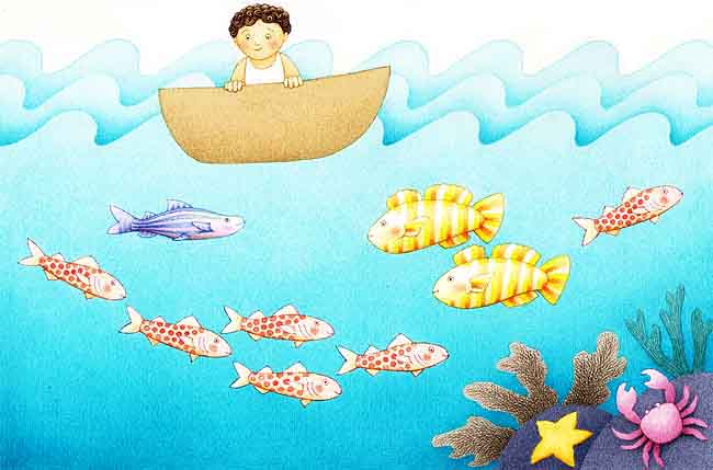 En este dibujo se ve el ni&ntilde;o en la balsa abajo en el mar, se ven distintos tipos de pescados azules y amarillos, estrellas de mar y cangrejos.