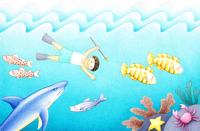 En esta imagen el ni&ntilde;o est&aacute; en el mar, se ha tirado al agua con su lanza a pescar. A su lado hay un tibur&oacute;n. El ni&ntilde;o tiene cara de miedo.