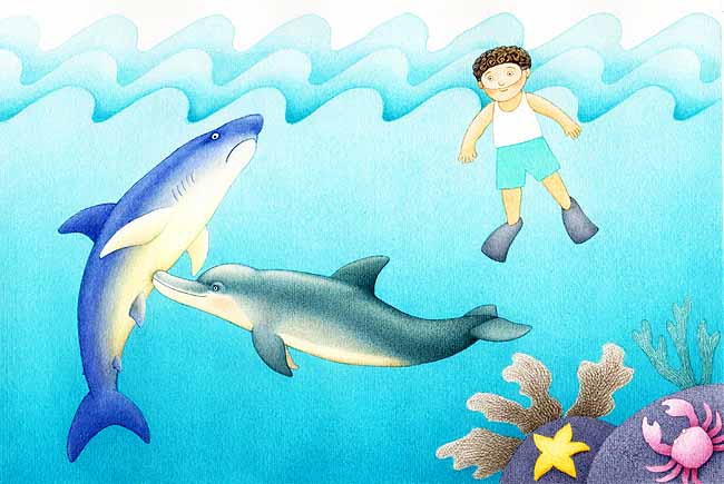 En esta imagen se ve al delf&iacute;n golpeando al tibur&oacute;n. Esto lo est&aacute; haciendo para ayudar al ni&ntilde;o. 