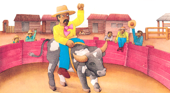 En esta imagen se ve un rodeo. Un hombre sobre un toro y alrededor hombres levantando las manos y sus sombreros.
