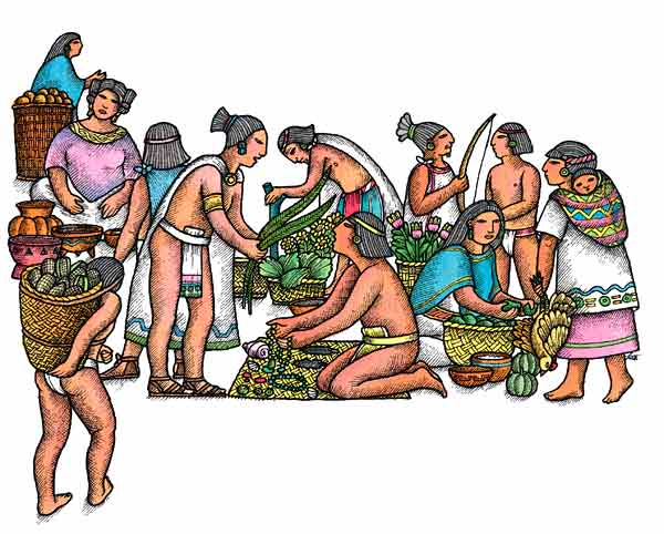 En esta imagen se ve un mercado de los antiguos mexicanos. En él se intercambiaban maíz, vasijas de barro, cactus, plumas de quetzal, jade, mantas. Para Los mayas y los aztecas el quetzal era un animal muy apreciado por su plumaje. Los mayas lo llamaban kukul y los aztecas quetzaltototl.