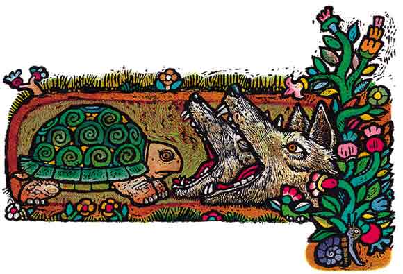 En esta imagen vemos loque cuenta una antigua leyenda. Que una vez unos lobos encontraron una tortuga y se la comieron.