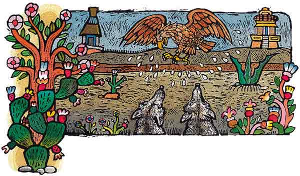 En este dibujo se ve que los lobos andan buscando agua ya que despu&eacute;s de comerse a la tortuga les ha dado mucha sed. Vieron de pronto un &aacute;guila ba&ntilde;&aacute;ndose y le dijeron que estaban sedientos que por favor les diera un poco de agua.